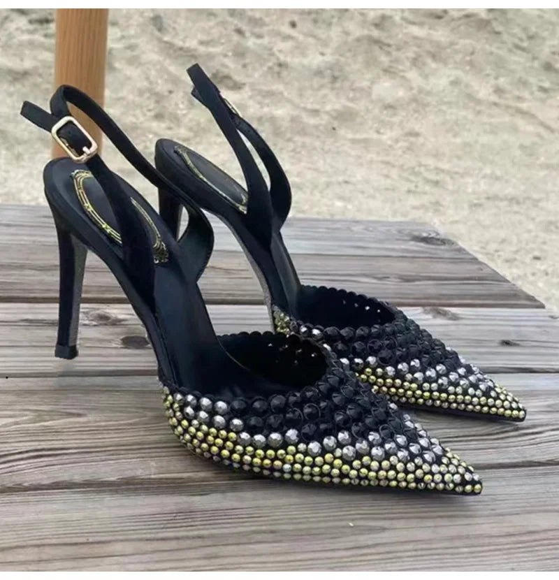 Rhinestones Gradient Slingbacks Bling Crystal Banquet Stiletto High Heels Party Prom Shoes