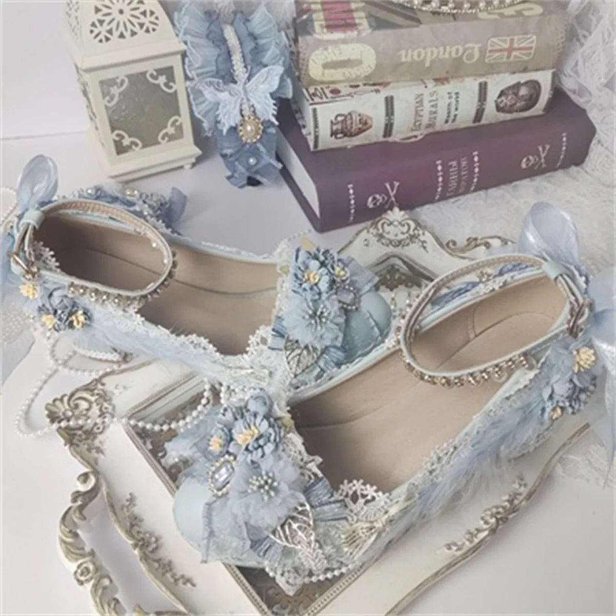 Sweet Lolita Retro Court Style Cosplay Cute Loli Flower Wedding Girls Gem Flower Ribbon Plush Bow 6-8 Cm High Heel Shoes