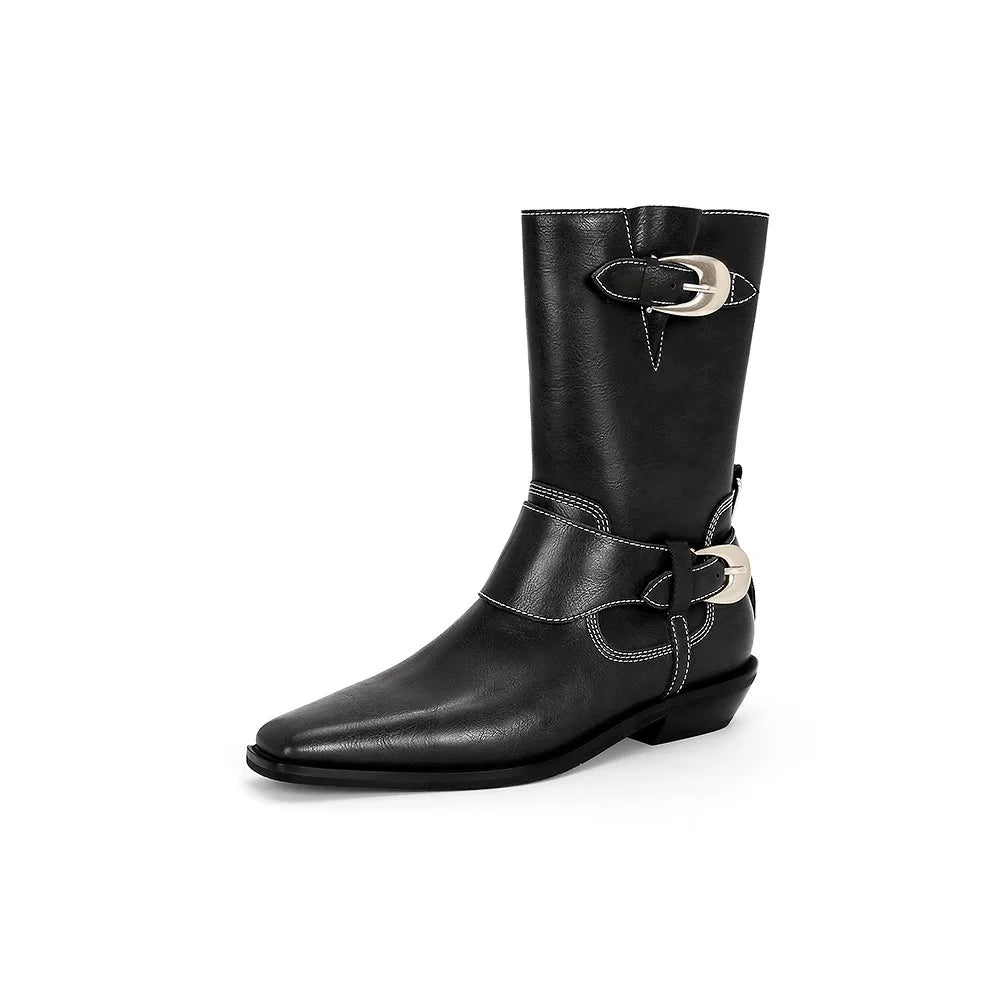 Boots Plush Warm Mid Calf Boots Chelsea Shoes Square Toe Metal Buckle Short Boots