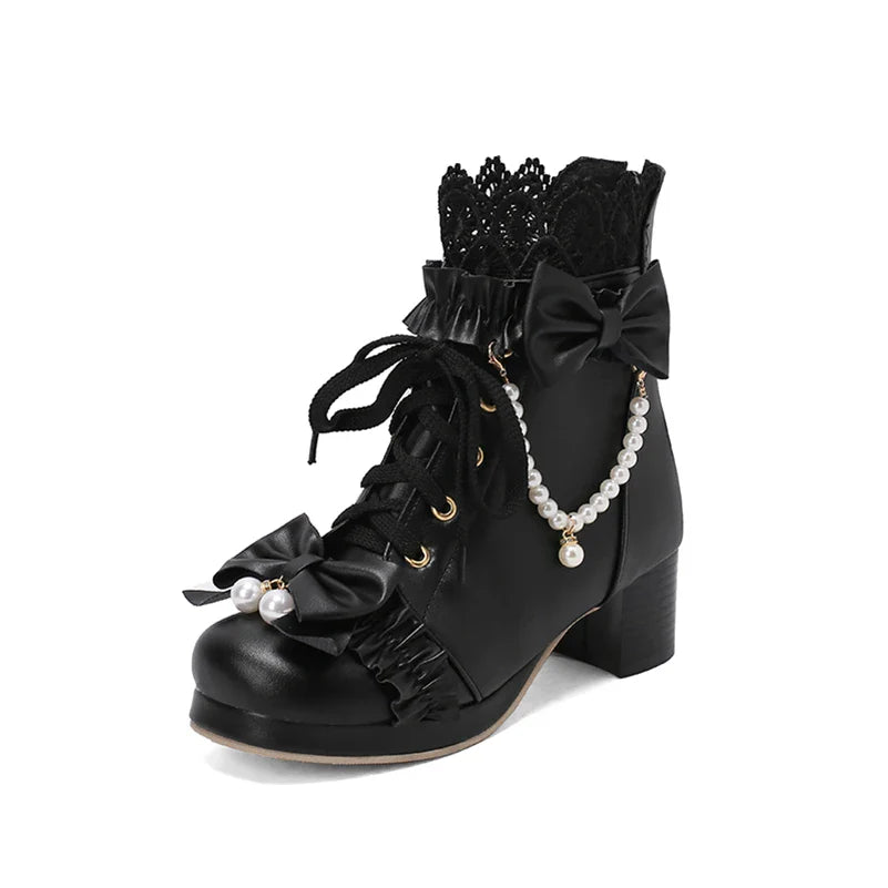 Lolita Ankle Short Boots Round Toe Kawaii Thick Mid Heels Zipper Bead Bow Lace-up Lady Cosplay Shoes