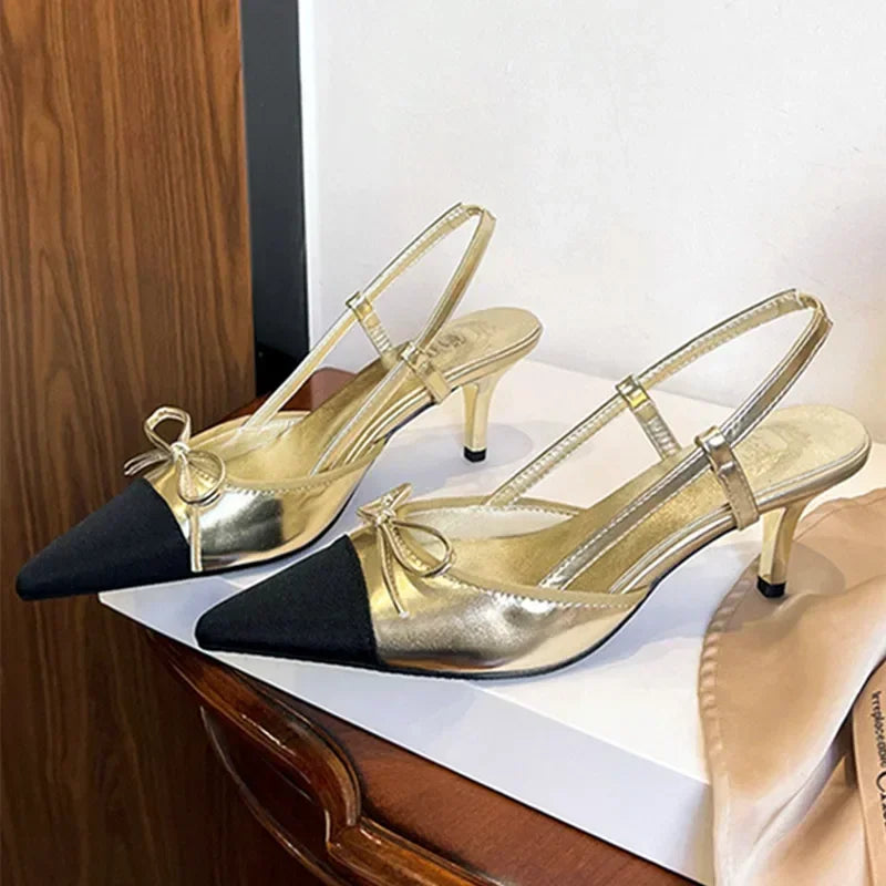 Elegant Bow Brands Pointed Toe High Heels Thin Heeled Sandals Back Strap Mules Shoes Gold Silver
