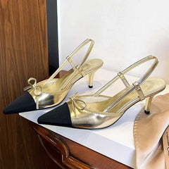 Elegant Bow Brands Pointed Toe High Heels Thin Heeled Sandals Back Strap Mules Shoes Gold Silver