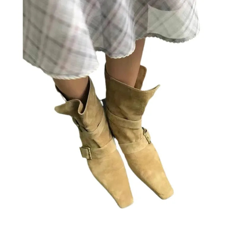 Genuine Leather Butterfly Knot Wrapped Strap Short Ankle Boots Polished Color Distressed Flat Bottomed Bare Shoes