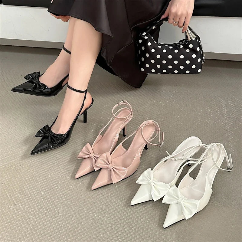 Design Butterfly-knot Woman Pumps Sandals Slingbacks Pointed Toe Ankle Buckle Strap Thin Low Heels Mules Shoes