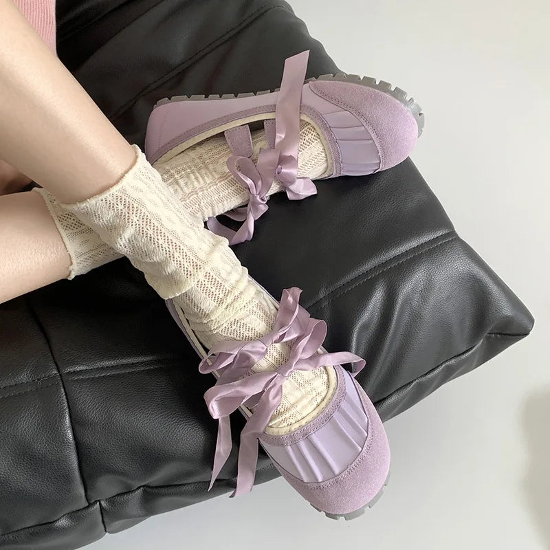 Round Toe Bow Flats Loafers Outdoor Slip on Soft Bottom Mary Jane Shoes Casual Ballerina Shoes