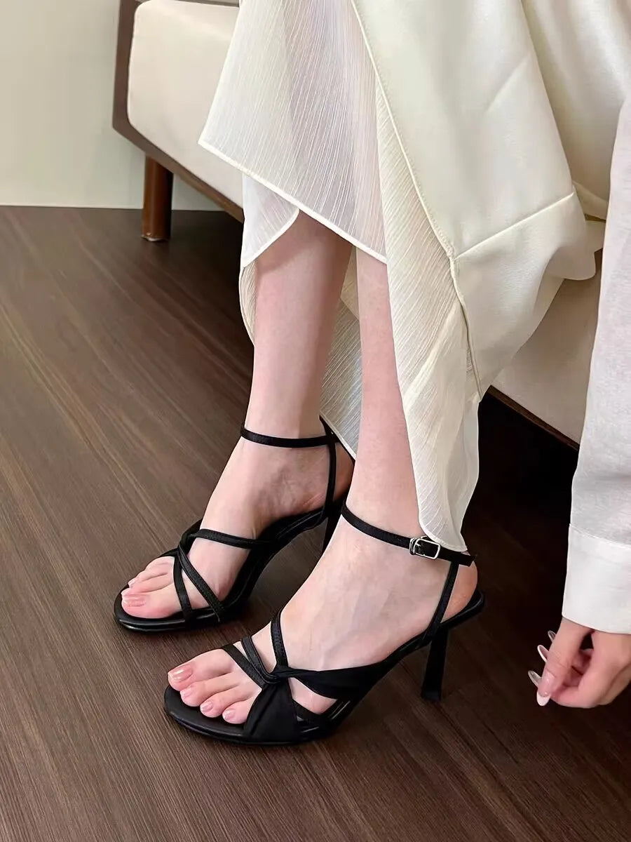 Beautiful apricot thick satin high heels dress single-line buckle stiletto sandals French open-toe hollow shoes
