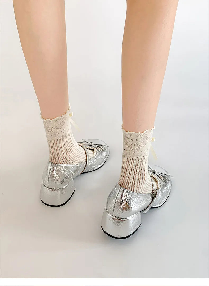 Thick Heel Mary Jane Shoes Concise Butterfly-knot Single Shoes Elegant Dress Leather Pumps