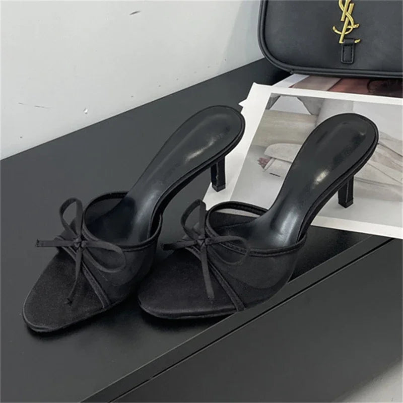 Butterfly-knot Breathable Holes Mesh Open Toe Woman Slippers Thin High Heels Party