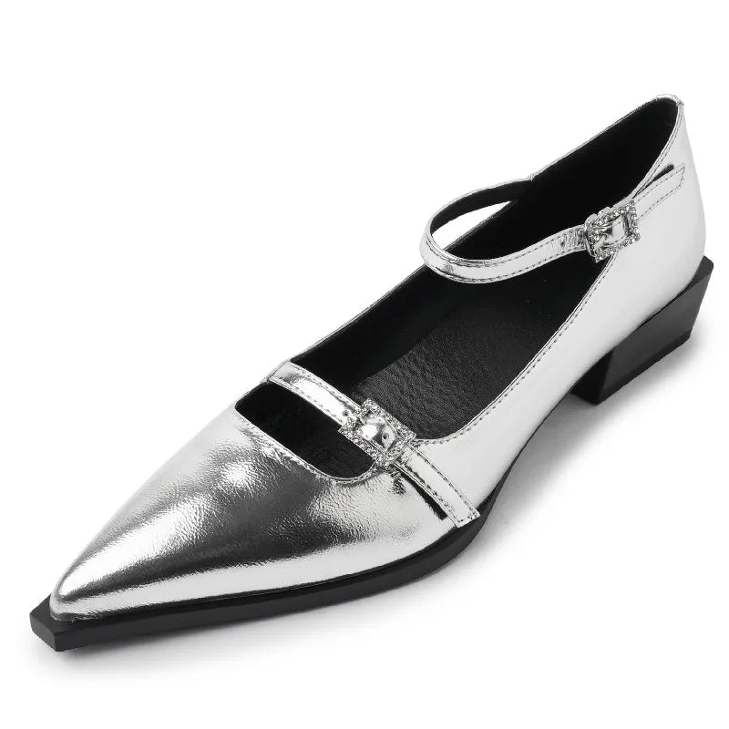Low Heels Pointed Toe Vintage Genuine Leather Mary Janes Shoes Woman Casual Office Ladies