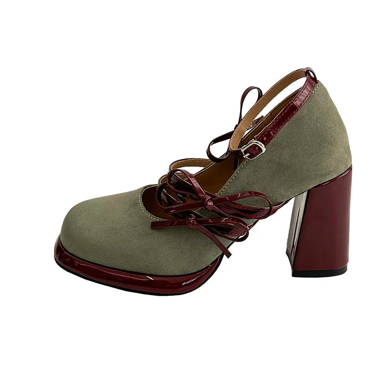 Thick Heel Mary Jane Shoes Butterfly-knot Buckle Strap Shoes Elegant Party Dress Pumps