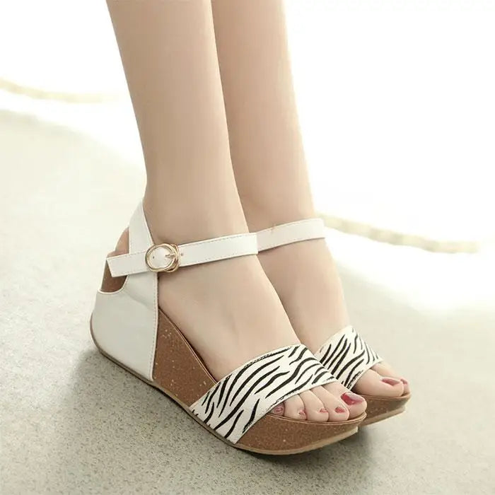Genuine Horsehair High-heeled Thick-soled Leopard-print Roman Slope-heeled Sandals 32 33 Small Size Shoes