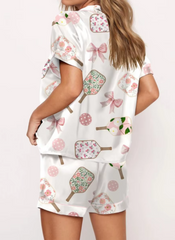 Silk 2 Piece Short Sleeve Preppy Shirt Pajamas Lounge Set Comfy Sleepwear
