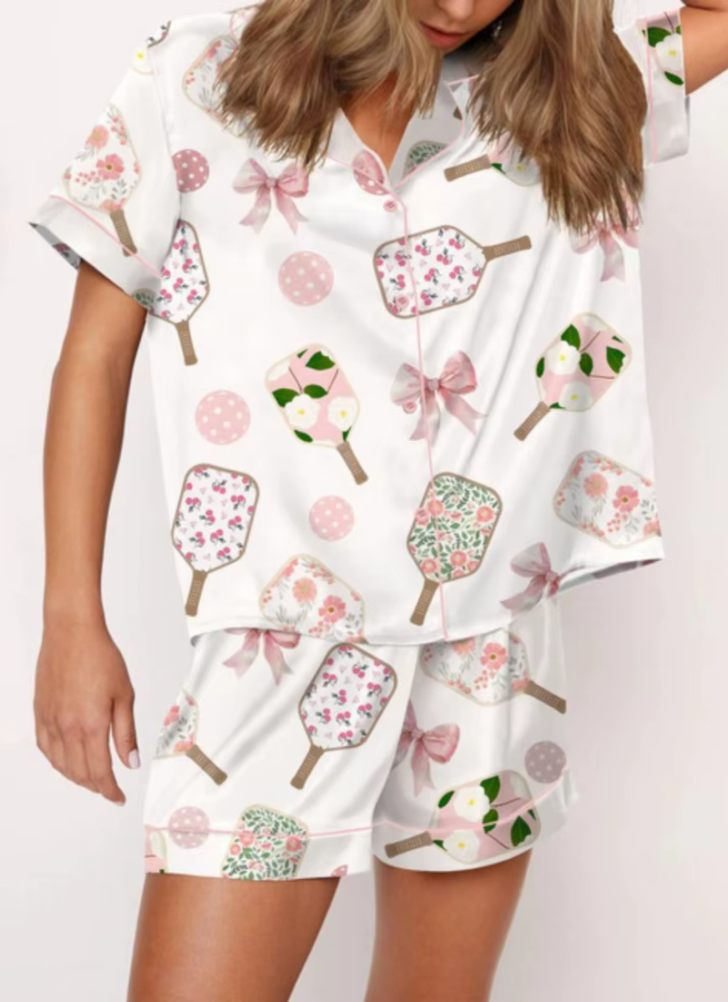 Silk 2 Piece Short Sleeve Preppy Shirt Pajamas Lounge Set Comfy Sleepwear