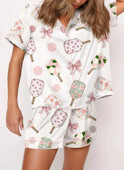 Silk 2 Piece Short Sleeve Preppy Shirt Pajamas Lounge Set Comfy Sleepwear
