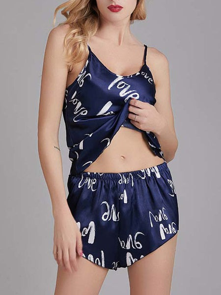 Silk Love Letters Printed Cami With Shorts Sleepwear