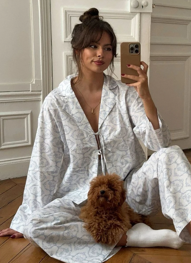 Sleepwear Set Long Sleeve Nightgowns Turn-Down Collar Pajama Lace Up Nightwear Pants