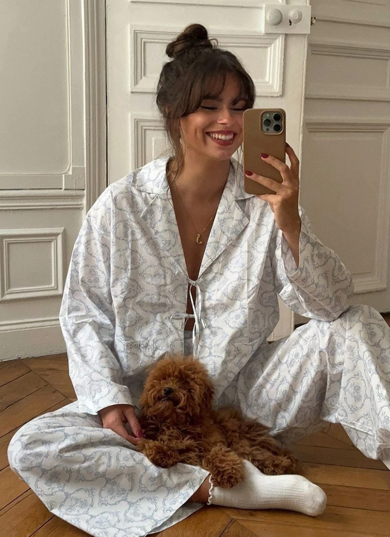Sleepwear Set Long Sleeve Nightgowns Turn-Down Collar Pajama Lace Up Nightwear Pants