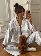 Sleepwear Set Long Sleeve Nightgowns Turn-Down Collar Pajama Lace Up Nightwear Pants