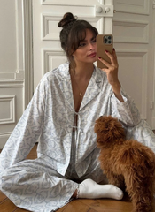 Sleepwear Set Long Sleeve Nightgowns Turn-Down Collar Pajama Lace Up Nightwear Pants