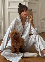 Sleepwear Set Long Sleeve Nightgowns Turn-Down Collar Pajama Lace Up Nightwear Pants