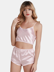 Sling Mini Short Tops And Pants Two Piece Striped Satin Pajamas