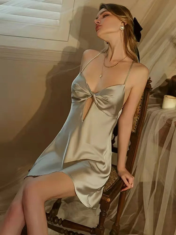 Elegant Soft Satin Solid Silk Sleeveless Sleepwear Nightgown