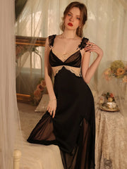 Solid Color Ice Silk Seductive Stain Home Wear Long Nightdress