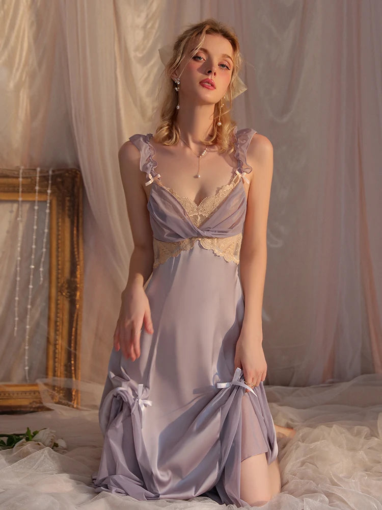 Solid Color Ice Silk Seductive Stain Home Wear Long Nightdress