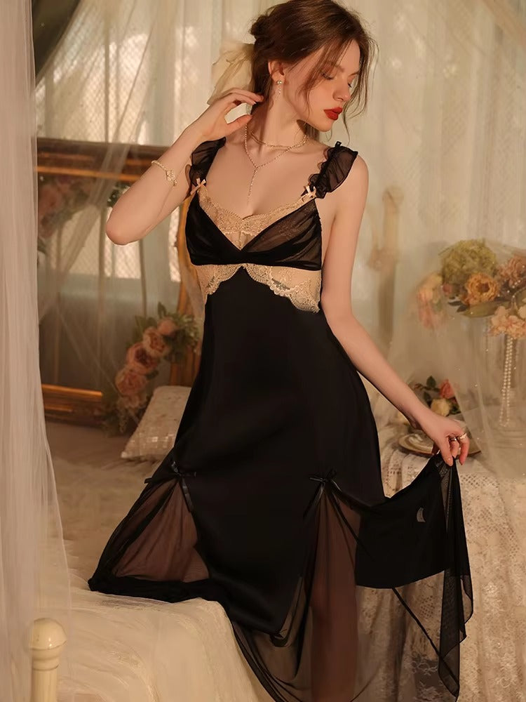 Solid Color Ice Silk Seductive Stain Home Wear Long Nightdress