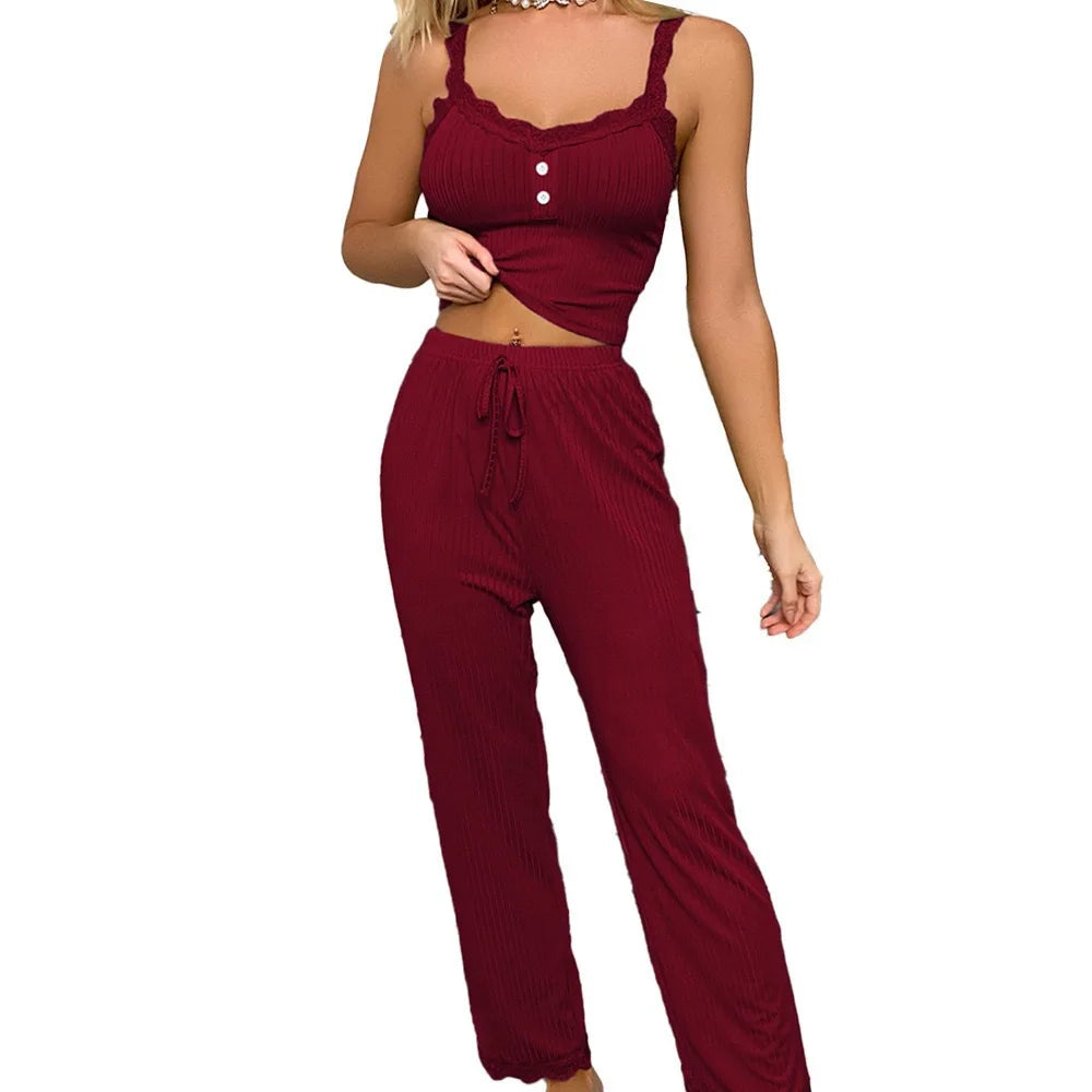 Solid Color Lace Edging Slim Fit Suspender And Pants Soft And Comfortable Pajamas Set