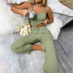 Solid Color Lace Edging Slim Fit Suspender And Pants Soft And Comfortable Pajamas Set