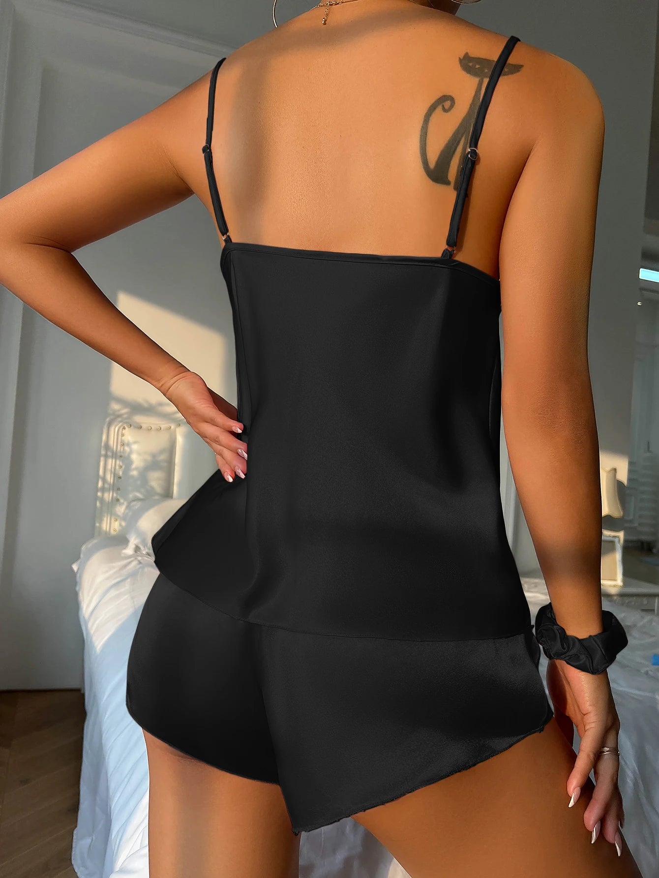 Solid Satin V Neck Cami Top Elastic Waistband Shorts Sleepwear Pajama Set