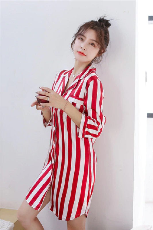 Stripe Stain Faux Silk Loose Night Robe