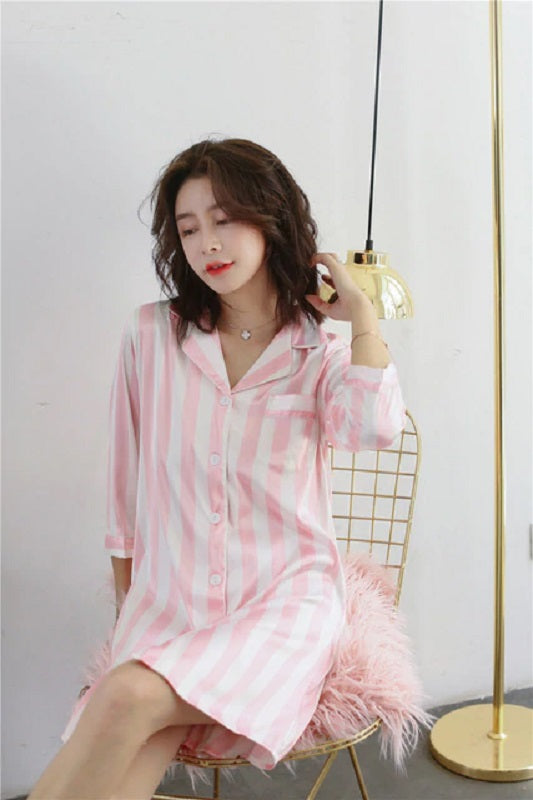 Stripe Stain Faux Silk Loose Night Robe