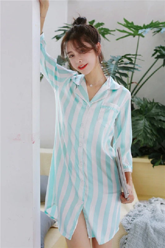 Stripe Stain Faux Silk Loose Night Robe