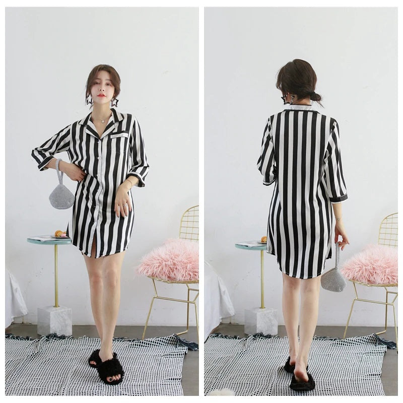 Stripe Stain Faux Silk Loose Night Robe