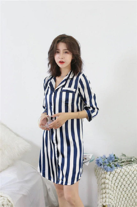 Stripe Stain Faux Silk Loose Night Robe