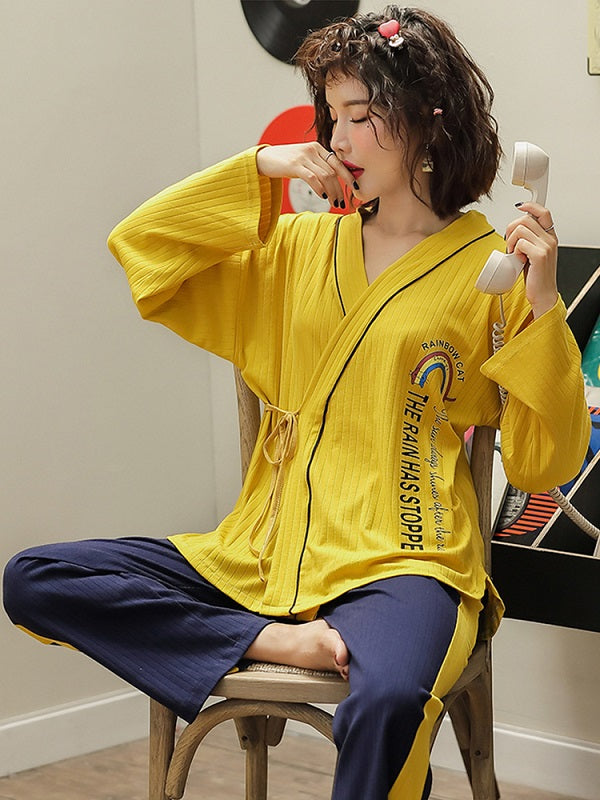 Sweet Kimono Top Long Sleeve Textured Cotton Pajamas