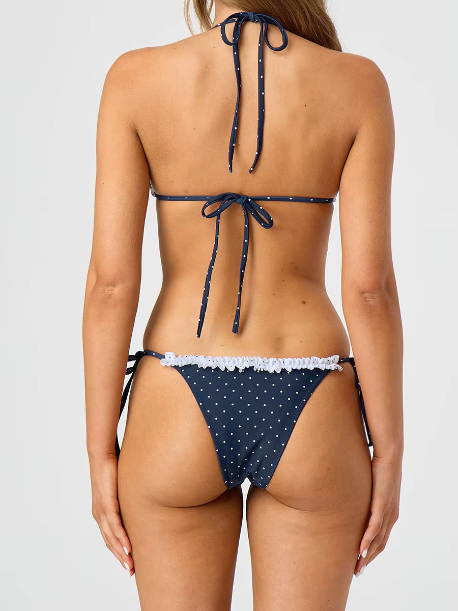 Swimsuits Dot Print Backless Halter Bikini Bra and Tie up Waist Briefs Sets