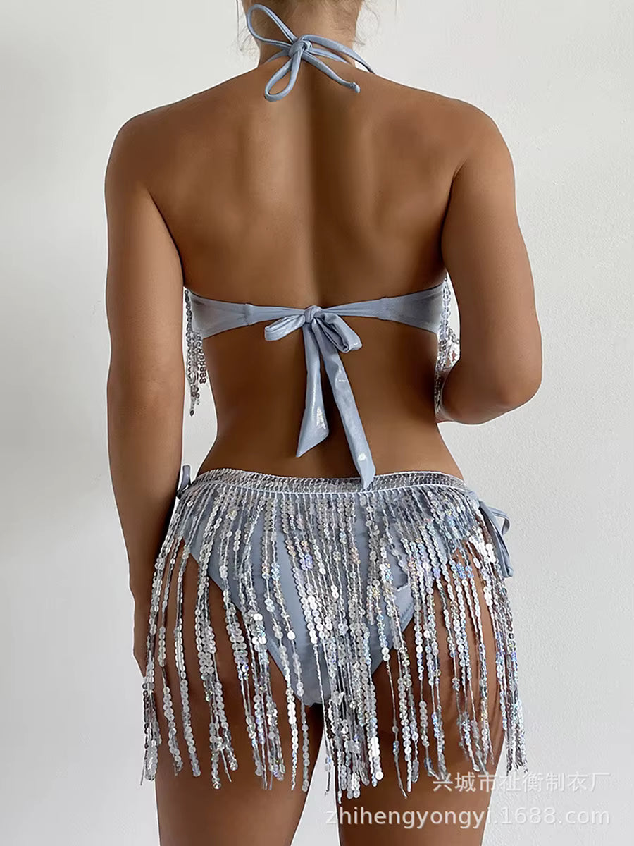 Swimsuits Sequin Tassels Backless Halter Bikini Bra and Tie up Waist Briefs Sets