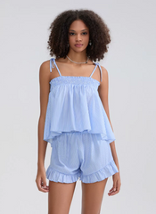 Tied Shoulder Striped Slips Camis and Ruffled Trim Shorts Loungewear Sets