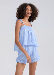 Tied Shoulder Striped Slips Camis and Ruffled Trim Shorts Loungewear Sets