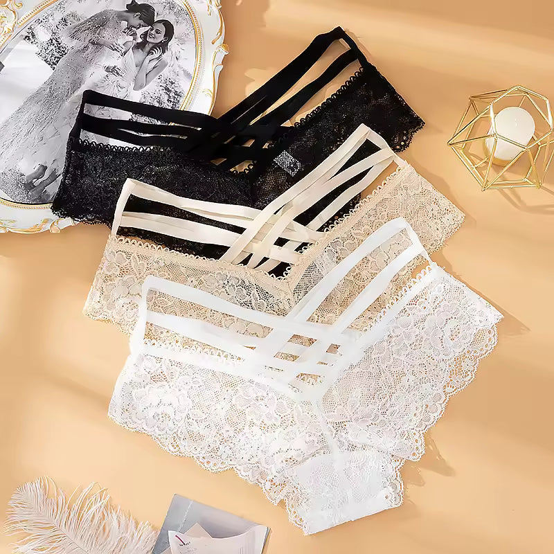 Trendy Cross Hollow Out Lace Low-rise Solid Panties Underwear