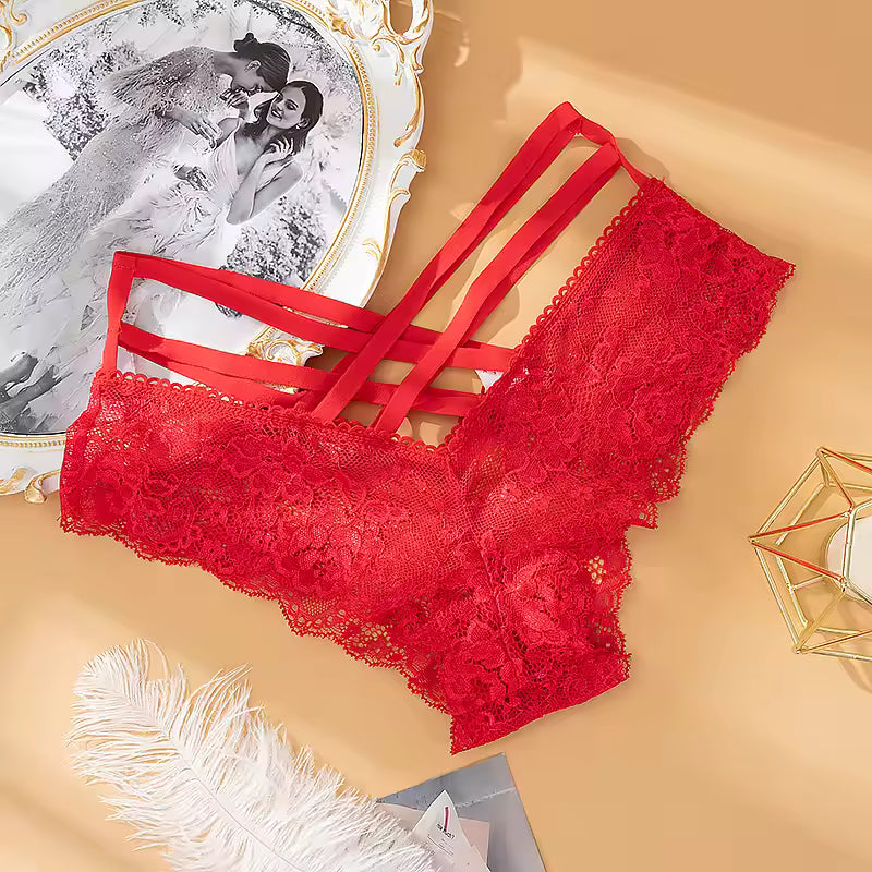 Trendy Cross Hollow Out Lace Low-rise Solid Panties Underwear