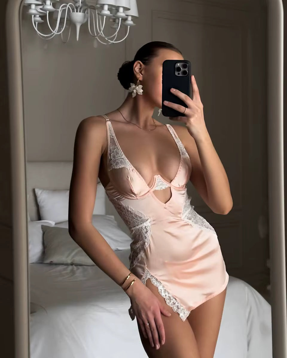Trendy Deep-V Neck Satin Lace Patchwork Split Sissy Night Dress Lingerie