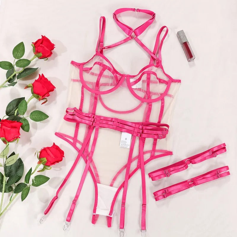 Trendy Mesh Stitching Garters One-Piece Lingerie