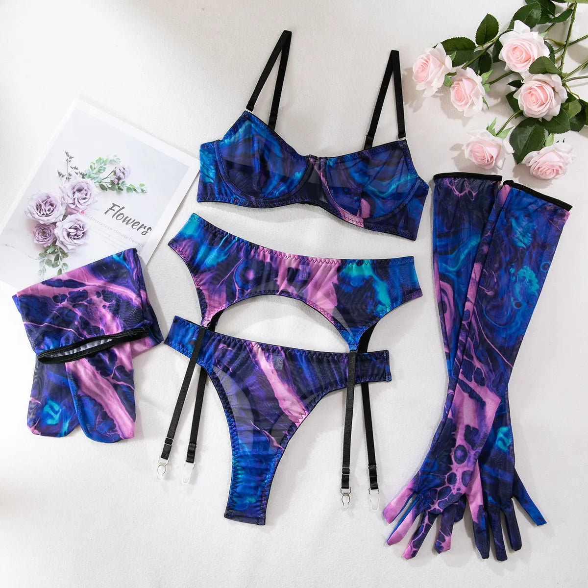Trendy Printed Push Up Lingerie Gloves Garter Five-Piece Set