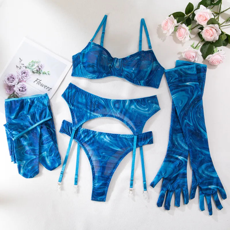 Trendy Printed Push Up Lingerie Gloves Garter Five-Piece Set