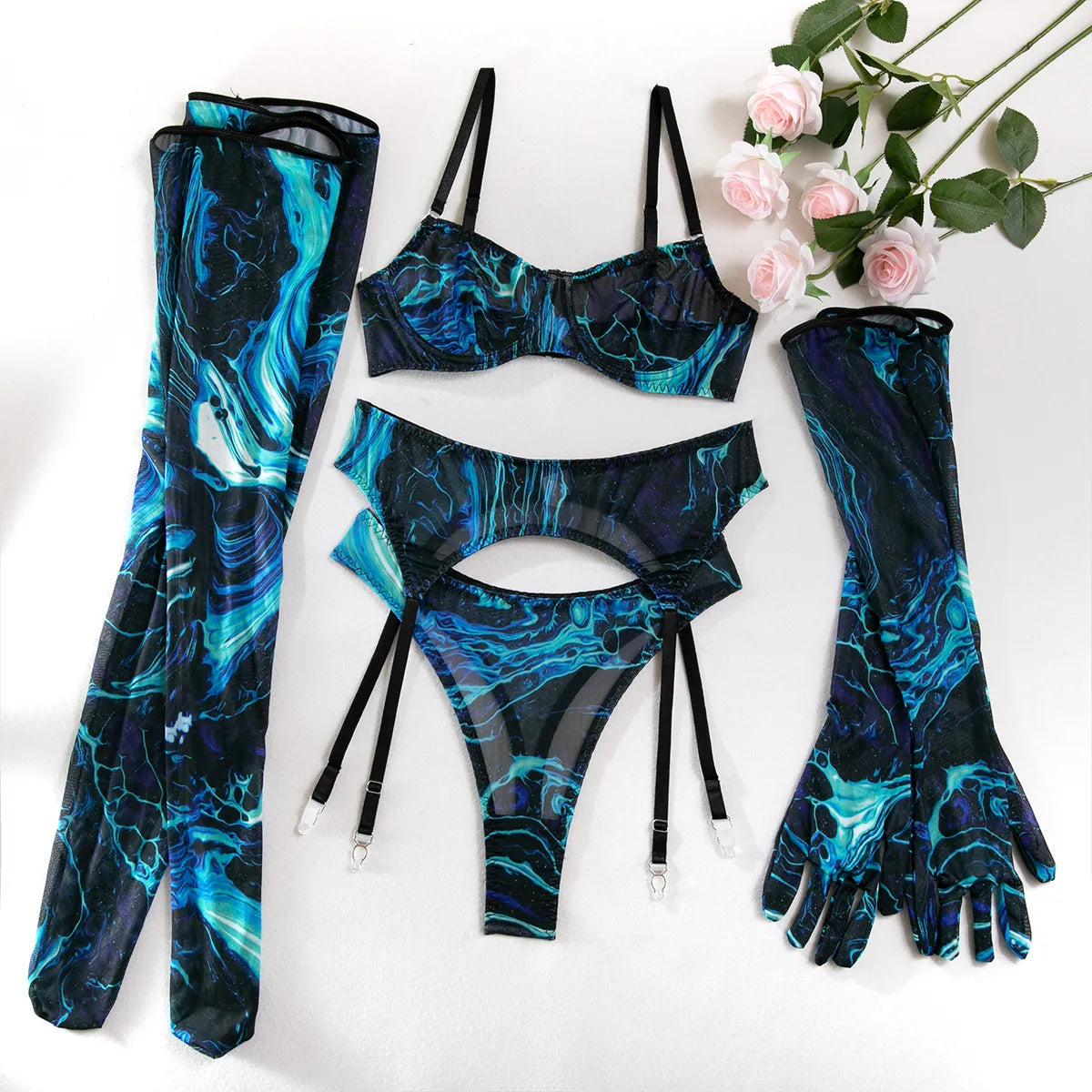Trendy Printed Push Up Lingerie Gloves Garter Five-Piece Set