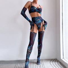 Trendy Printed Push Up Lingerie Gloves Garter Five-Piece Set